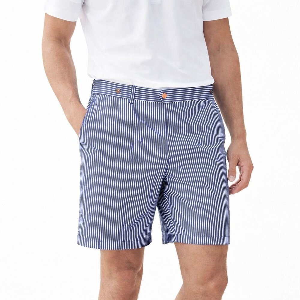B Draddy Mens Mesh Lined Swim Trunks Navy Blue Stripe Adjustable Waist Size XXL